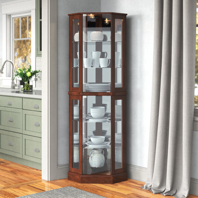 Schmidt Wood/Glass Lighted Corner Curio Cabinet 72" H, Walnut
