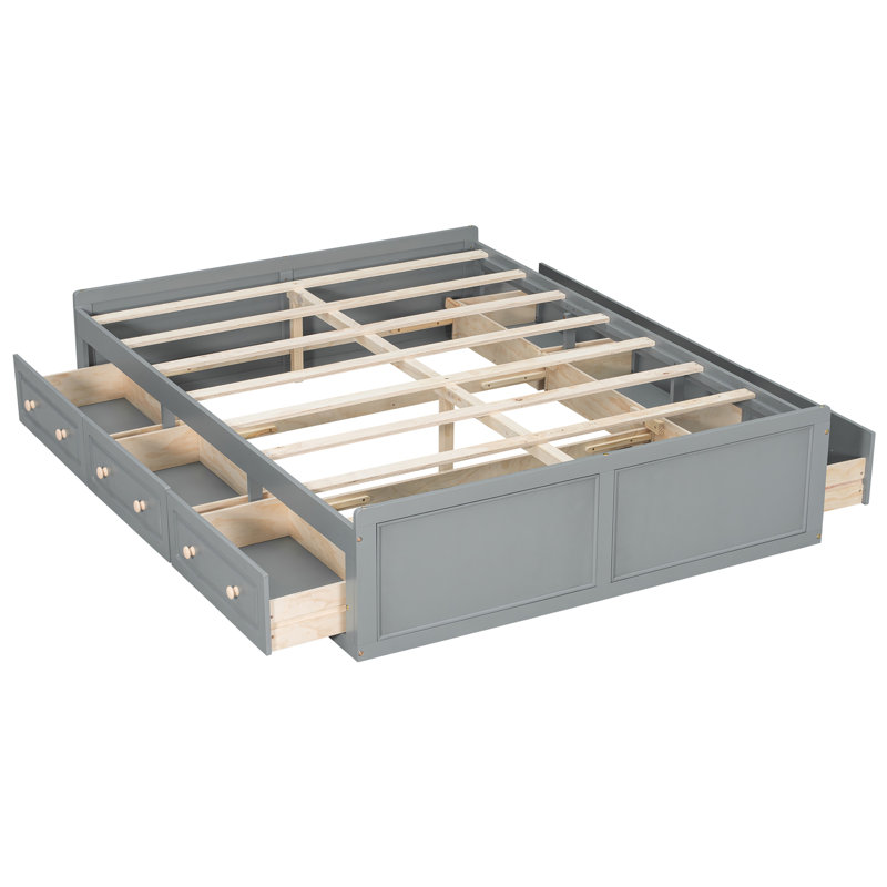 Grand lit plateforme avec 6 tiroirs, cadre de lit de rangement en bois avec lattes, aucun sommier requis - fini espresso / blanc