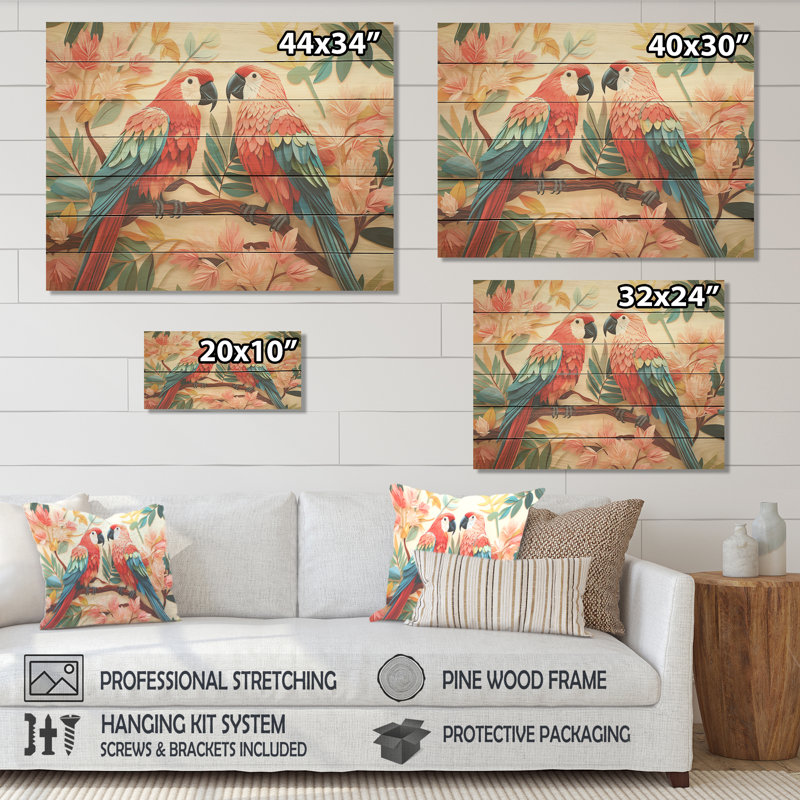 Fleurs tropicales roses et bleues - motif de perroquet sur bois, H 24 po x l 32 po x P 0,78 po