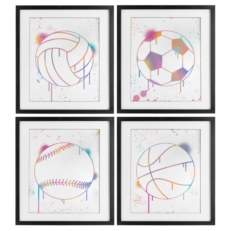 Ensemble de 4 balles de sport Modern Graffiti encadrées sous verre, design par Marcus Prime, Cadre noir minuit