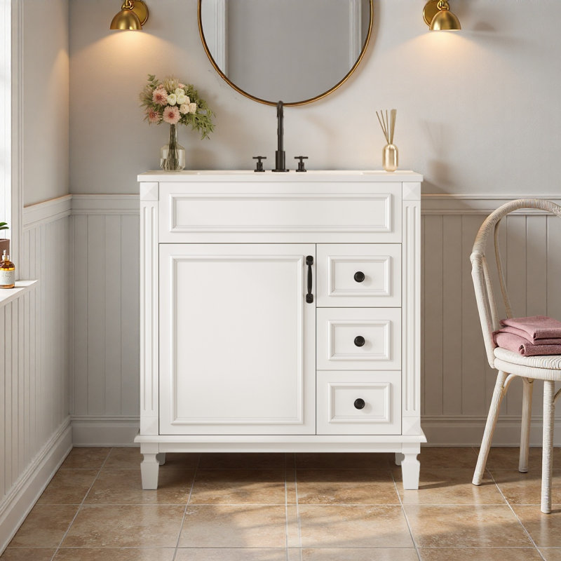 Meuble-lavabo de 30 po avec lavabo en céramique, petite armoire de salle de bain, armoire moderne avec 2 tiroirs et tablette réglable