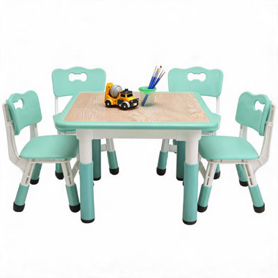 Ensemble de table et 4 chaises pour enfants réglables en hauteur - Bureau résistant aux graffiti, pieds antidérapants - Bureau multi-activités pour 2 à 10 ans - Salle d'étude, garderie, maison - Bleu lac