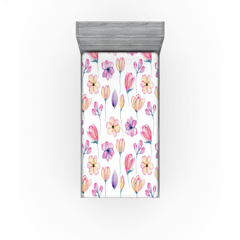 Drap-housse à motif floral Ambesonne, Rose, jaune pâle, bleu / floral, Drap-housse de taille simple
