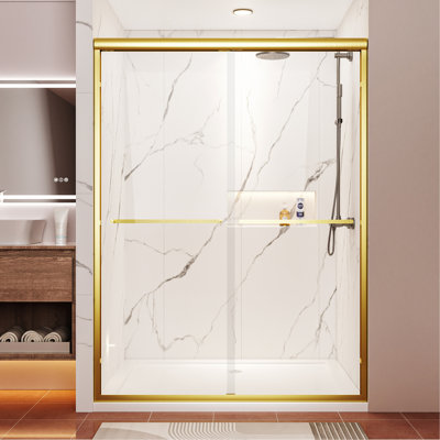 50"-54" W x 72" H Brushed Gold Aluminum Frame Double Sliding Shower Door, 1/4" (6mm) Clear Tempered Glass With Explosion-proof Film, Dual Stainless Steel Handles