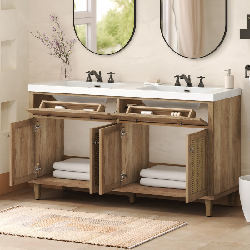 60-Inch Wood-Tone Double Sink Bathroom Vanity - SMC Sink, Large Storage, Soft-Close Doors & Trays, Wood