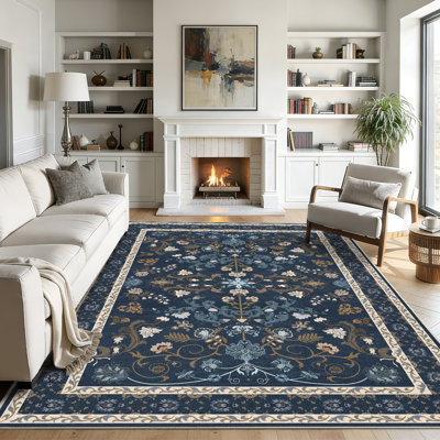Tapis lavables à la machine, tapis à motif oriental traditionnel, tapis doux à poils courts de style rétro, parfaits pour les salons, les salles à manger, les chambres à coucher ou les salles familiales, bleu foncé