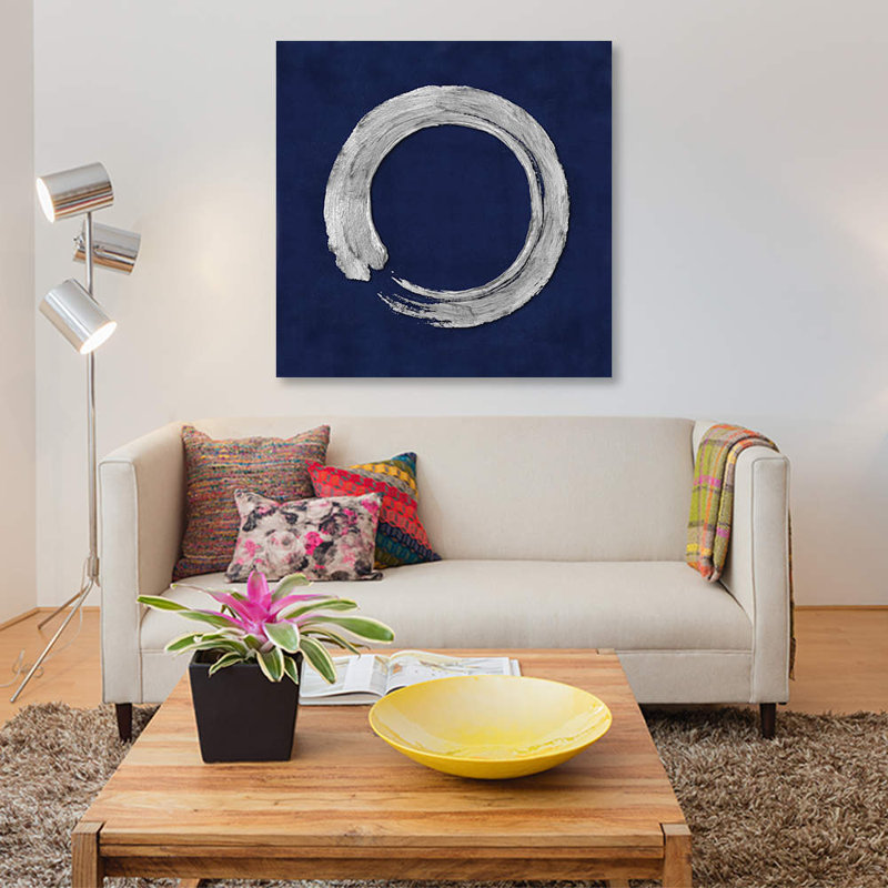 «Silver Zen Circle On Blue I», impression sur toile, H 48 po x l 48 po x P 1,5 po, Pas de tapis, Toile tendue