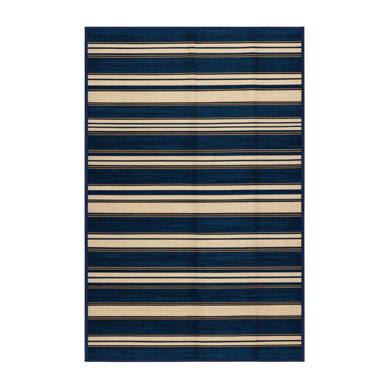 Washable Deep Blue Cream Striped Area Rug, Rectangle 5' x 7'