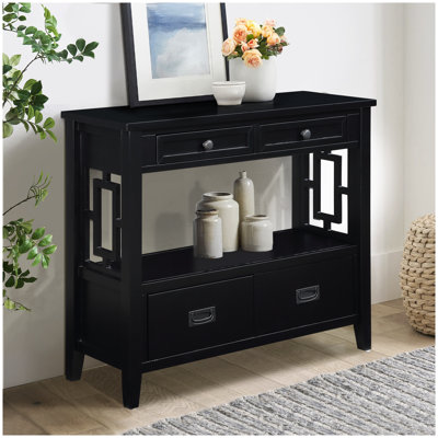 36-Inch Farmhouse Pine Wood Console Table with 4 Drawers and Open Shelf