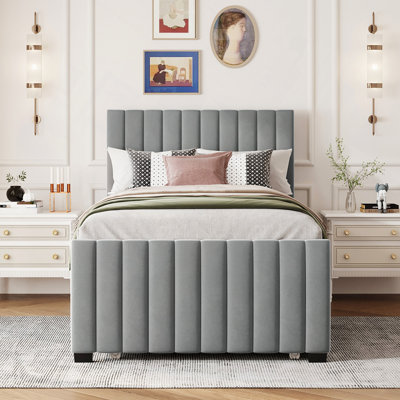 Lit plateforme tapissier simple en velours avec lit gigogne simple, gris