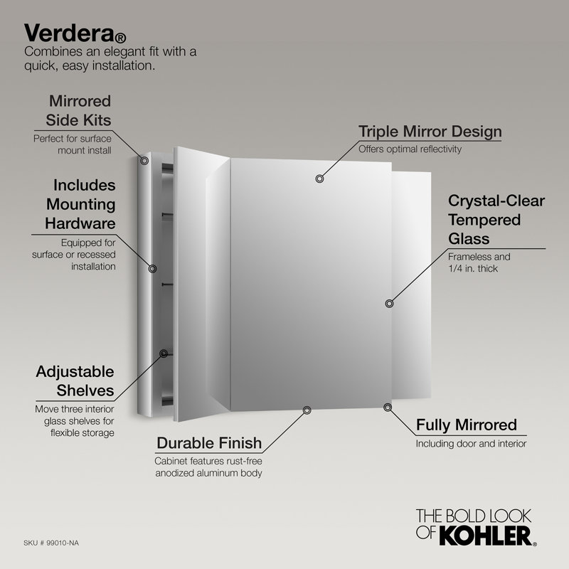 KOHLER Verdera® Aluminum Triple-Door Medicine Cabinet, Frameless with Adjustable Shelves, 30"H x 40"W x 4.75" D