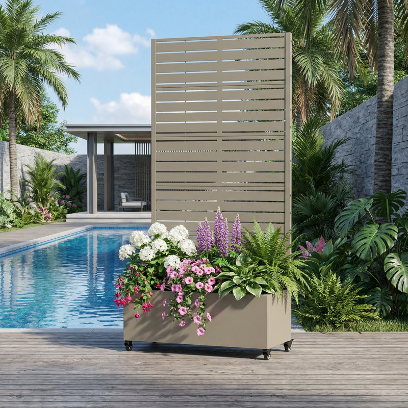 Boîte à fleurs en métal avec roues Eulau, H 72 po x l 35 po x P 16 po, Gris, olive