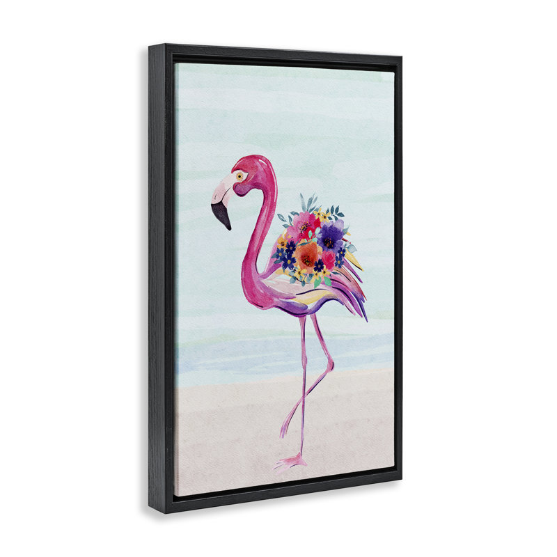 «Floral Flamingo Beach Floater Canvas» par JJ Design House LLC, Cadre flottant noir de jais, H 25 po x l 17 po