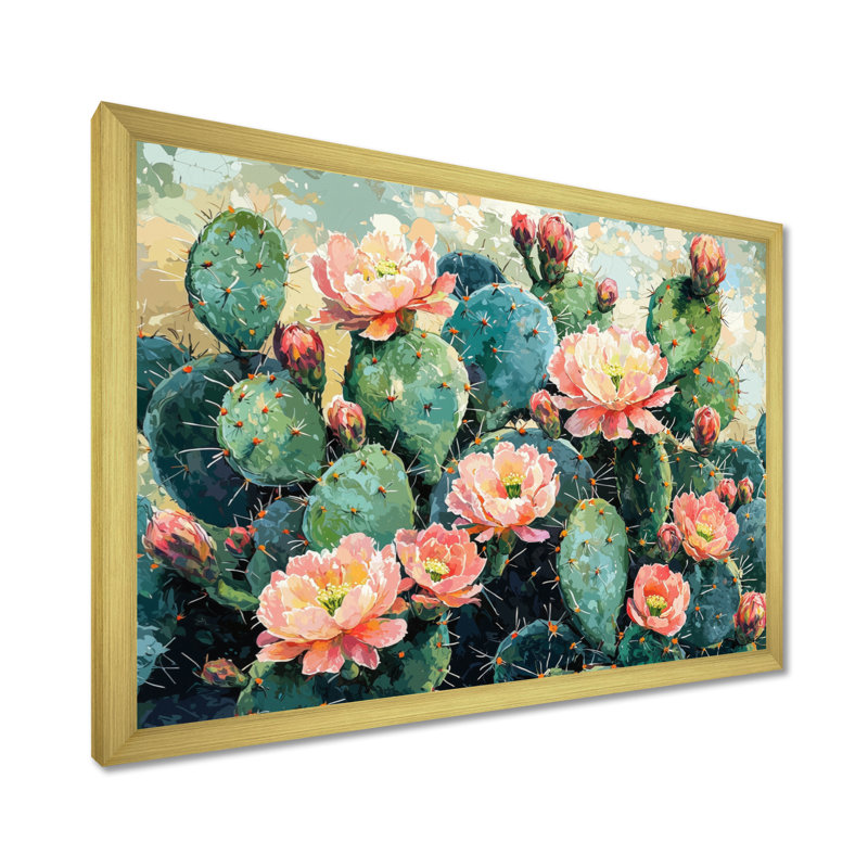 Cactus Garden In Bloom III - art mural de cactus pour le salon, H 16 po x l 32 po, Cadre simple, Doré