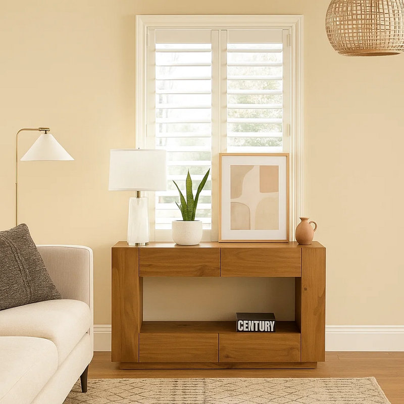 Ayma Sofa Console Table, 4 Drawers, 54 Inch Rectangular, Oak Brown