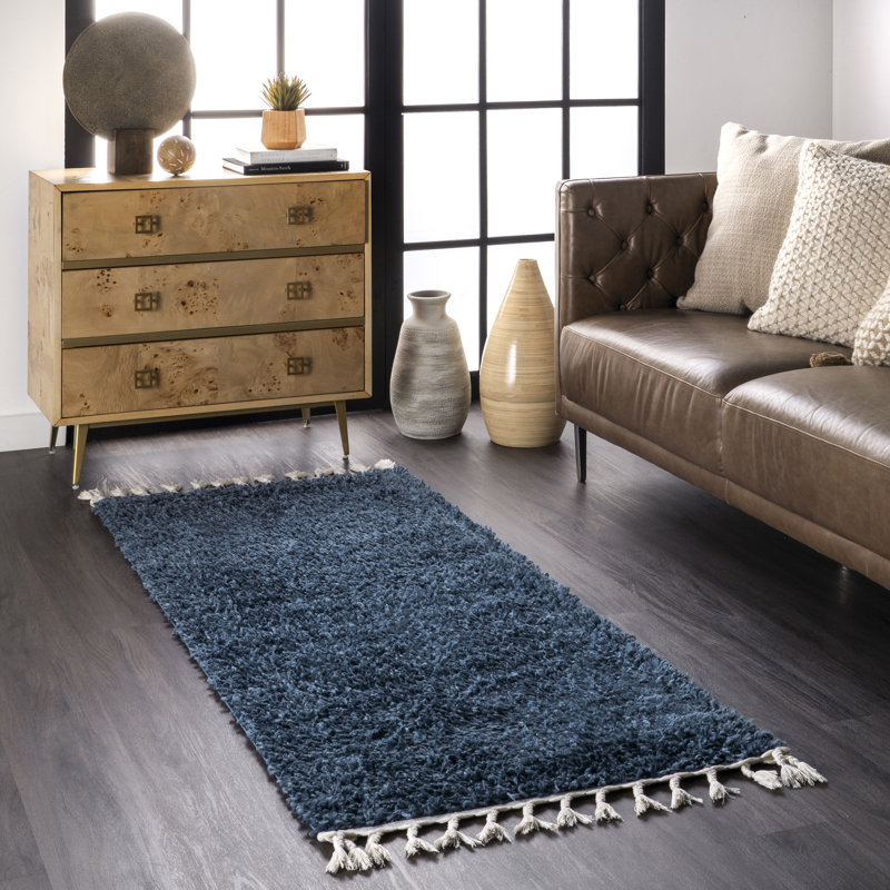 Hollier Modern Power Loom Performance Shag Tasseled Blue Rug, Runner 2' 6" x 6' 3"