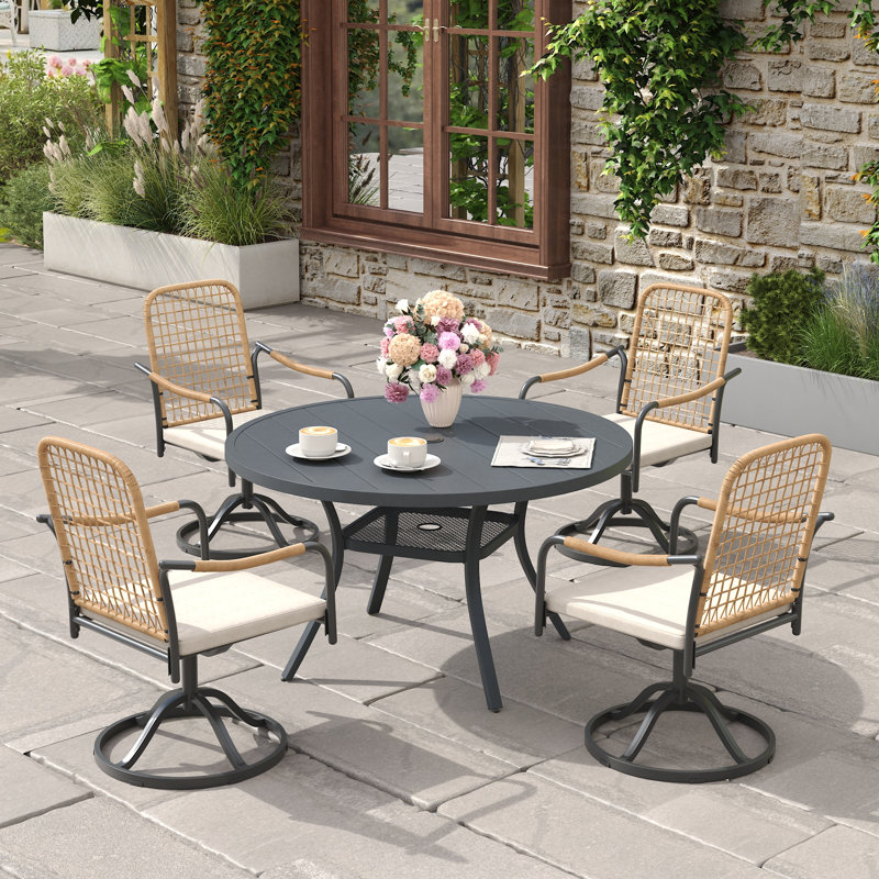 4-Person Outdoor Patio Dining Set With Swivel Rattan Chairs, Gray