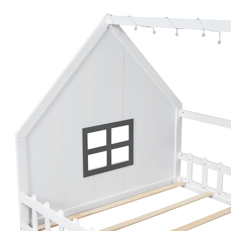 Lit blanc en bois pleine grandeur avec clôture et fenêtre - méthode de fabrication, à DEL, sans sommier, Blanc
