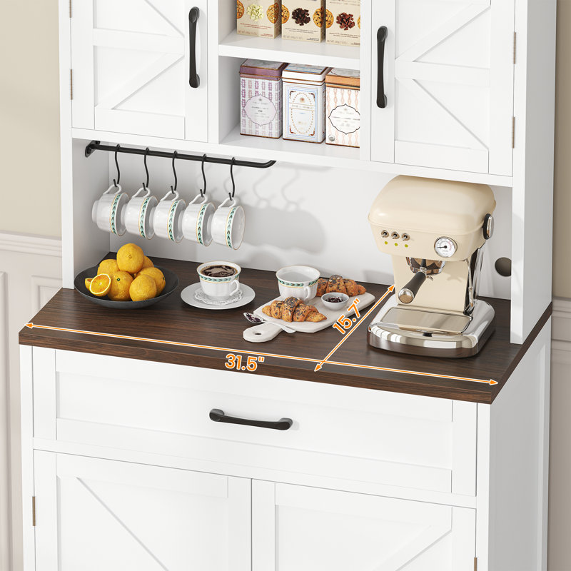 Armoire de cuisine de 69,3 po de hauteur avec 2 portes de grange, 1 tiroir, tablettes réglables, comptoir large et trous de chargement USB, armoire de rangement Farmhouse, blanc