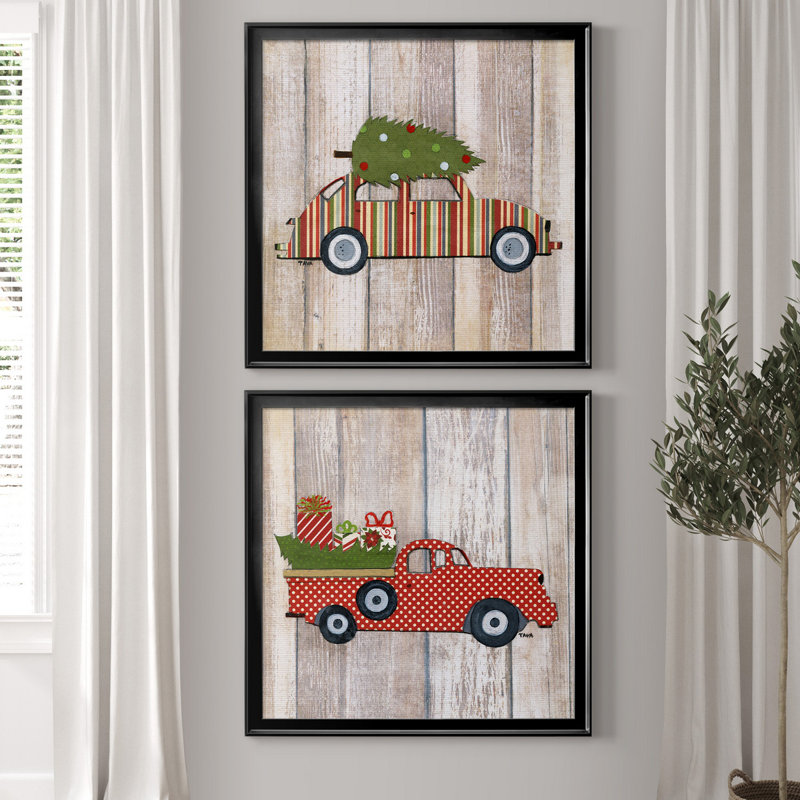 Classic Auto Christmas I - ensemble de 2 reproductions d'art encadrées, H 34,5 po x l 69 po x P 1,5 po, Toile avec cadre noir