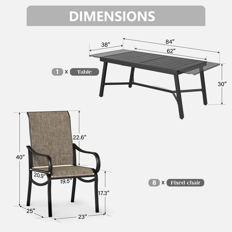 Ensemble repas pour 8 personnes avec table extensible, 8