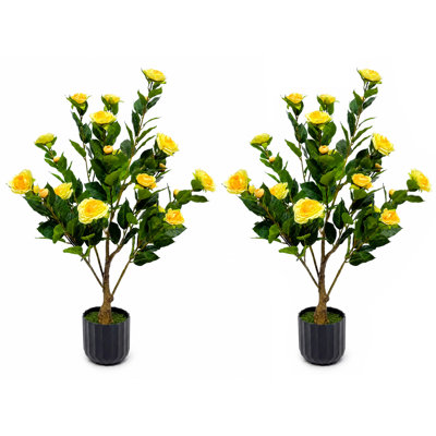Ensemble de 2 camélias artificiels, plantes en pot, fleurs artificielles sur socle en ciment, résistants aux UV pour une utilisation intérieure et extérieure, décoration de porche et de maison