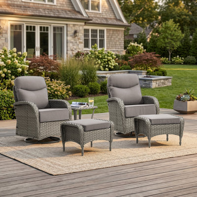 Luxury 5-Piece Outdoor Wicker Swivel Rocker Patio Set with 6-inch Ultra-Thick Cushions, Cushioned Ottomans, and Side Table for Poolside, Balcony & Deck