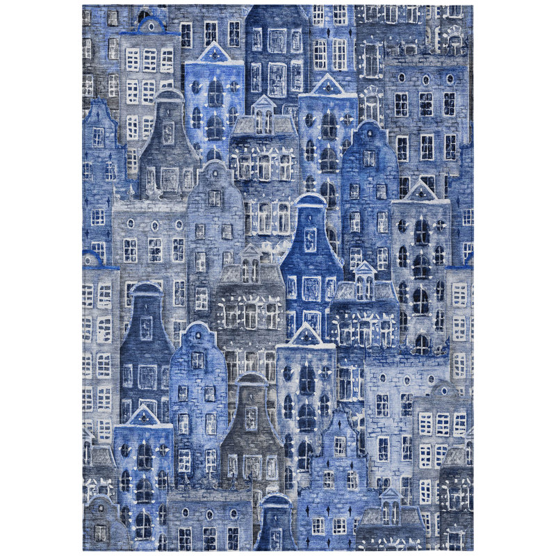 Tapis d'intérieur / extérieur lavable 5 pi x 8 pi bleu marine et bleu ciel