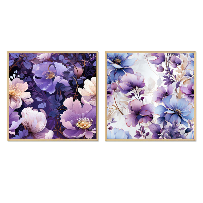 Farah - Ensemble de 2 collages carrés floraux, Cadre flottant brun, H 30 po x l 61 po