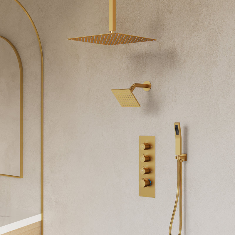 Brushed gold thermostatic shower faucet system featuring a ceiling-mounted rainfall shower head, wall-mounted shower head, and handheld sprayer.