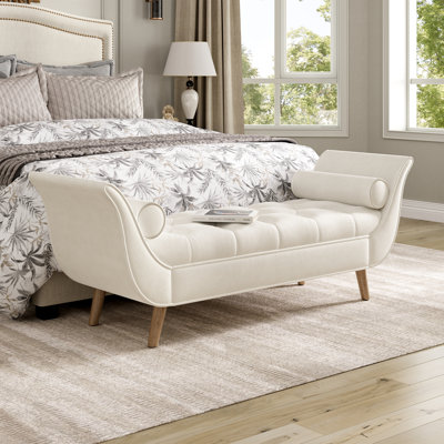 Banc rembourré, banc de bout de lit avec 2 coussins, repose-pieds capitonné capitonné, repose-pieds à accoudoirs roulés, repose-pieds avec pieds en bois massif, pour vestibule, salon, salle à manger