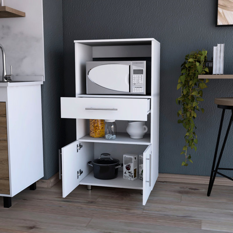 Élégant garde-manger blanc avec support pour micro-ondes, avec tiroir et support de rangement attrayant, espace