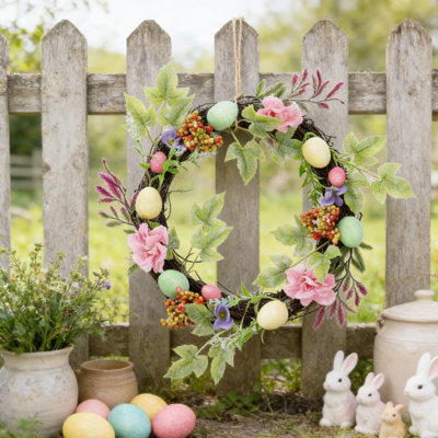 11.5 Inch Farmhouse Easter Wreath for Spring – Small Artificial Easter Egg Wreath with Ribbon Bow for Kitchen Cabinet, Front Door, Window, Table Centerpiece, Wall Decor