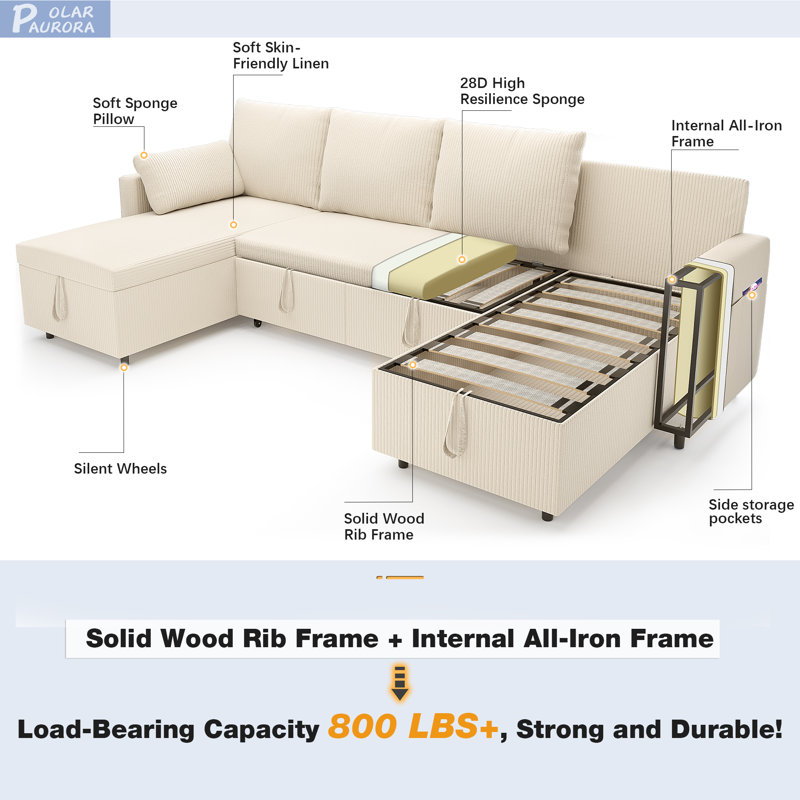 Sleeper Soft Bed,Pull Out Couch Bed with Storage Chaise,Iron Frame Soft Futon Sofa(Corduroy U-Shape, Beige), Beige Corduroy