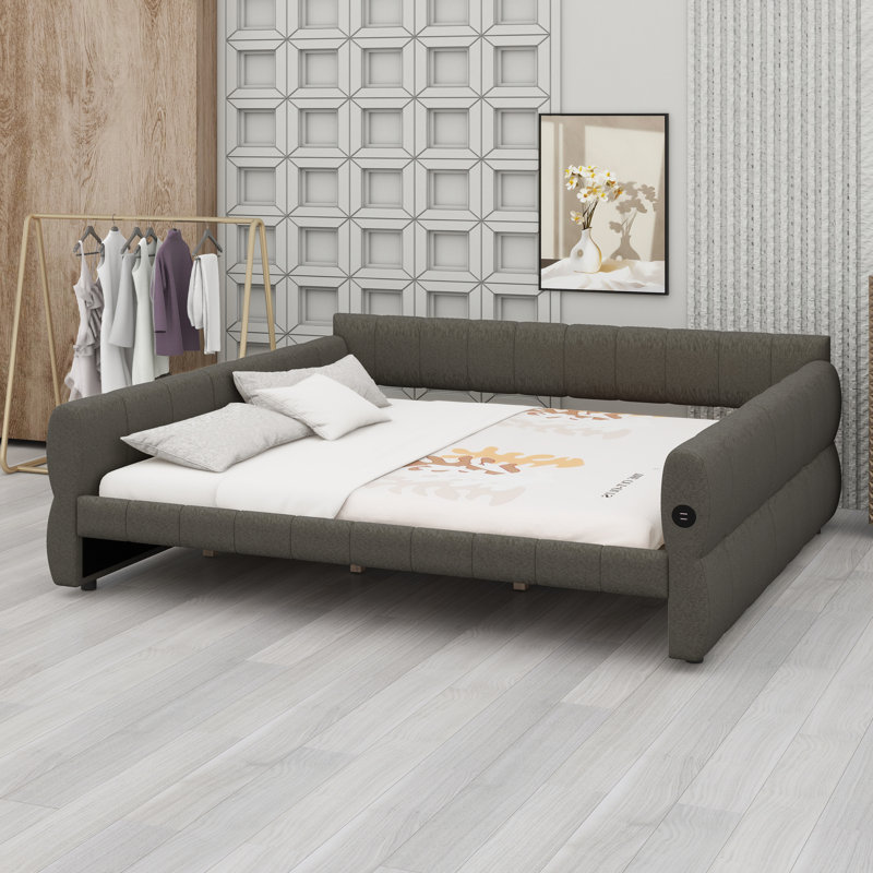 Structure de lit contemporaine à finition douce avec ports USB intégrés, Gris