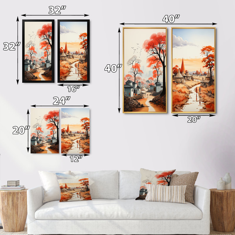 «Peach Gray African Village Visions», 2 pièces, Cadre noir, H 20 po x l 24 po
