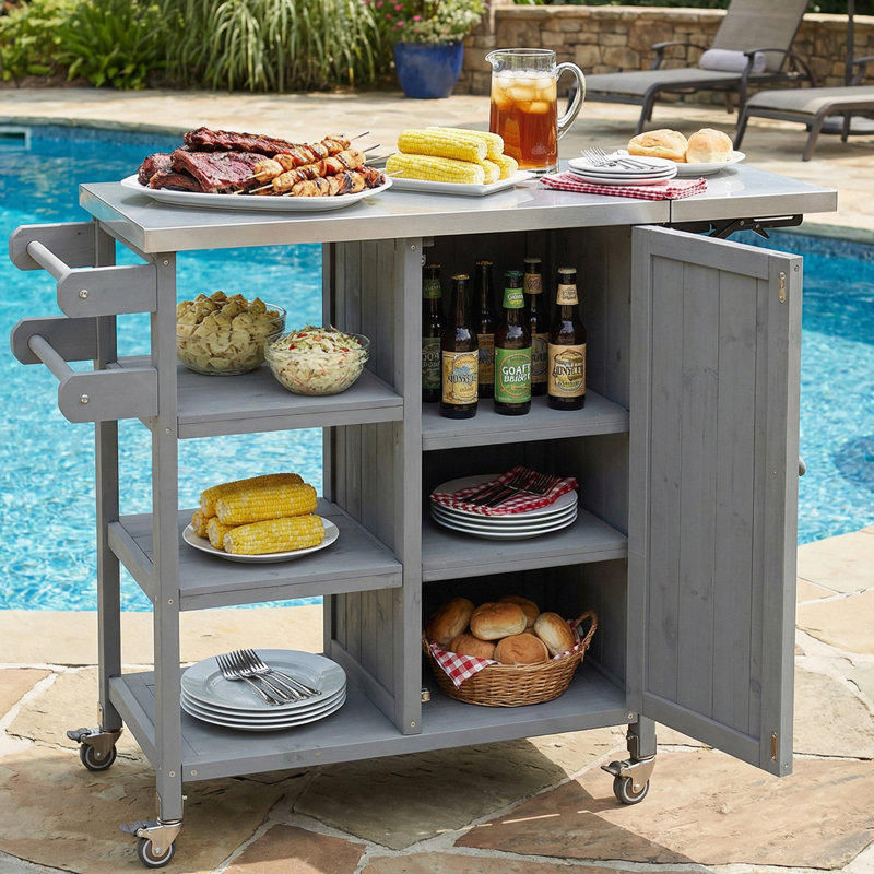 Îlot de cuisine extérieur, chariot à roulettes et armoire de rangement, Gris