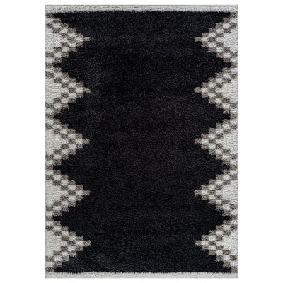 Geometric Pattern Shag Rug – Anthracite Dark Gray – Medium Pile, Stylish & Soft