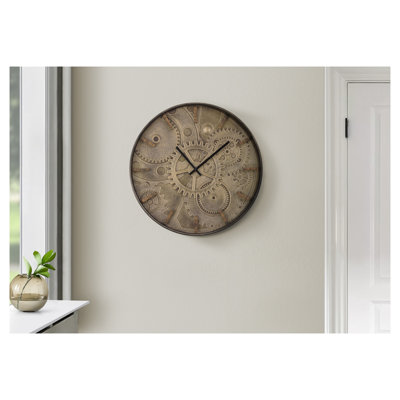 20" Round Wall Clock with Printed Gear Background, Brown Tempered Glass and Metal Frame, Transitional Style