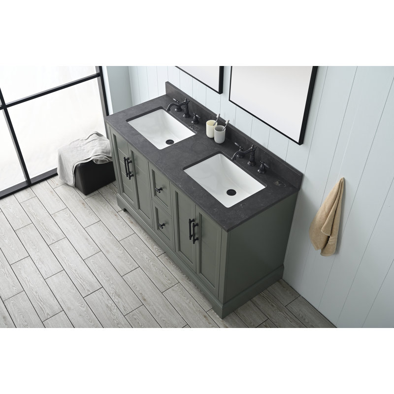 Ensemble de meuble-lavabo autoportant à double cuve 54 po avec plateau en pierre noire Vannes, Vert rétro