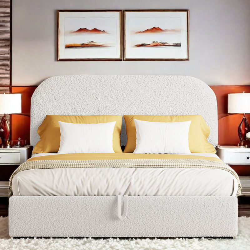 Semmie Upholstered Platform Bed with Hydraulic Storage System, Full , White