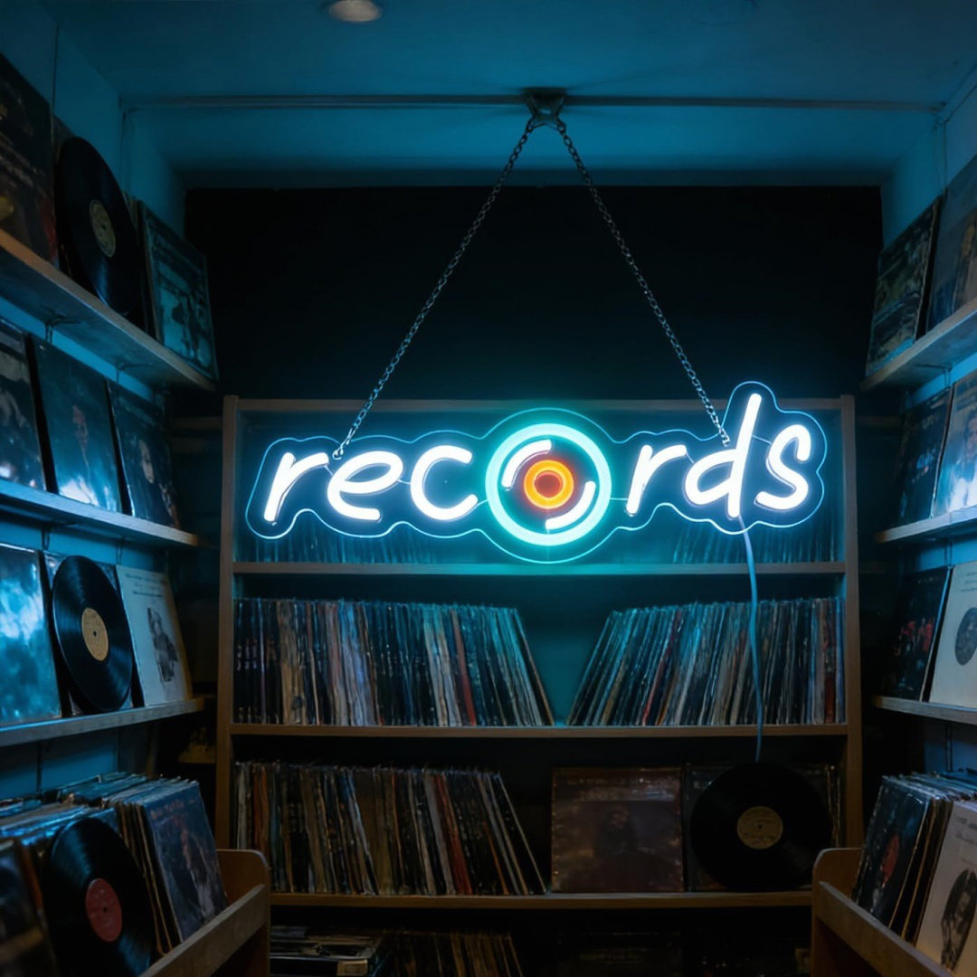 Records Led Sign, Disc Player Neon Sign For Wall Decor, White, 13 X 42Cm