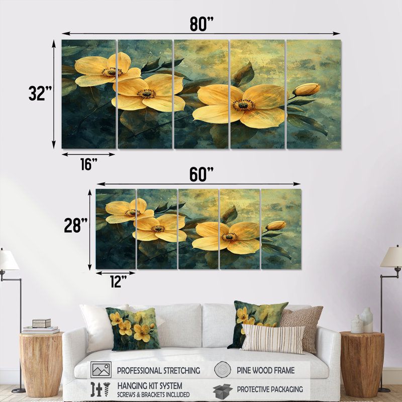 Été arbre cornouiller Gentle Embrace II - art mural cornouiller - ensemble d'art mural traditionnel, 5, H 32 po x l 80 po