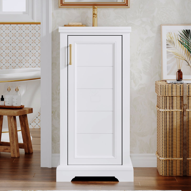 Meuble-lavabo de 16 pouces avec lavabo en céramique, ensemble de meuble-lavabo simple autoportant avec porte à fermeture douce, tablette réglable