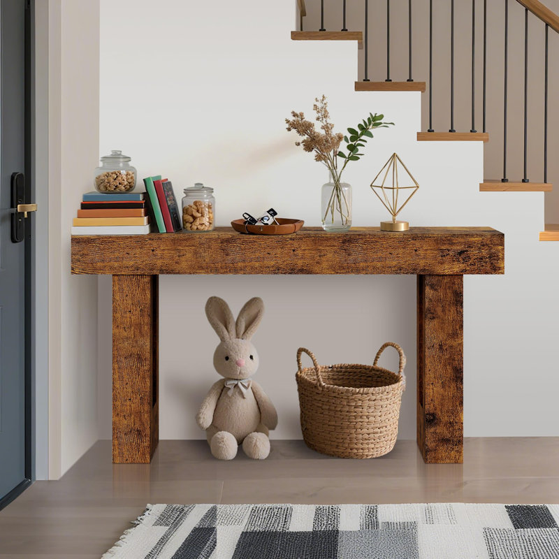 Console 63 po, canapé long derrière le canapé, table d'entrée en bois, Brun