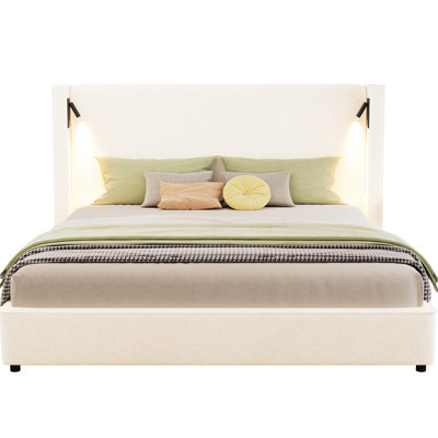 King Size, Upholstered Bed Frame, Beige, High Wingback Headboard, Adjustable Reading Lamp, Port, Soft Foam, No Box Spring, Fast Setup Wingback, Easy