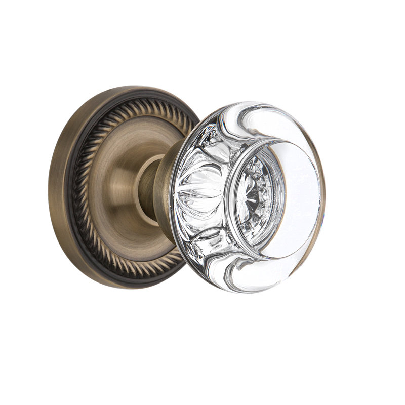 Crystal Round Single Dummy Door Knob with Rope Rosette, Antique Brass