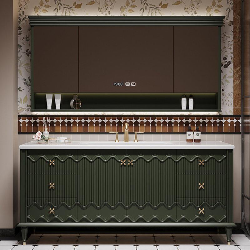 Armoire de salle de bain de style américain rétro, Vert, H 31,5 po x l 59,06 po x P 21,65 po