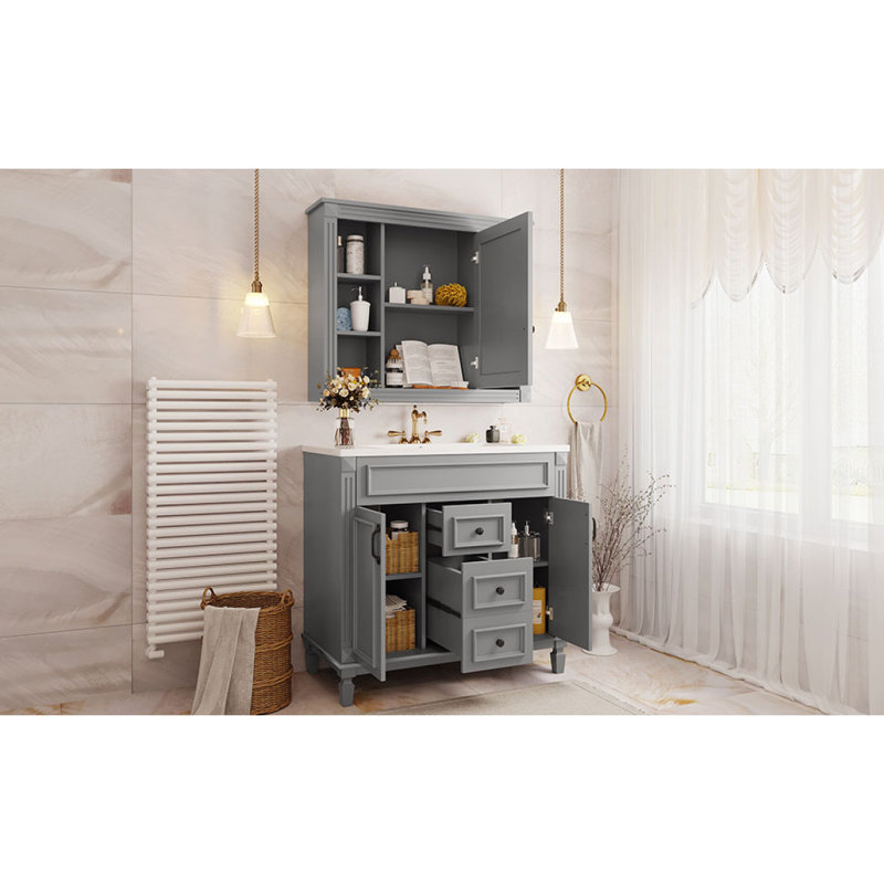 Meuble-lavabo 36 po avec lavabo supérieur, armoire à miroir Royal, armoire de rangement moderne avec 2 portes à fermeture douce et 2 tiroirs, meuble-lavabo simple