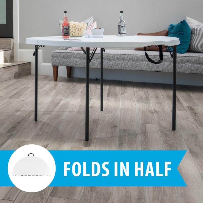48-Inch White Granite Round Folding Patio Table with Metal Frame